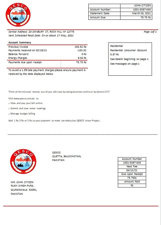 Pakistan Quetta Electric Supply Company electricity utility bill template in Word and PDF format